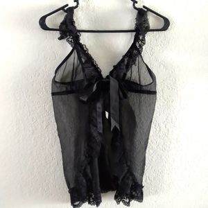 Tie Front Ruffle Lace Trim Sheer Black Babydoll w/ adjustable straps